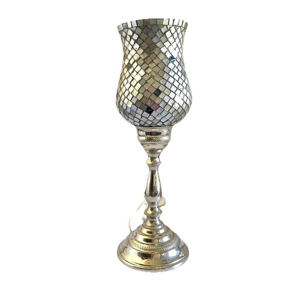 90s International Silver Co Silver BLUE  Hurricane Lamp Electric Mosaic Boho